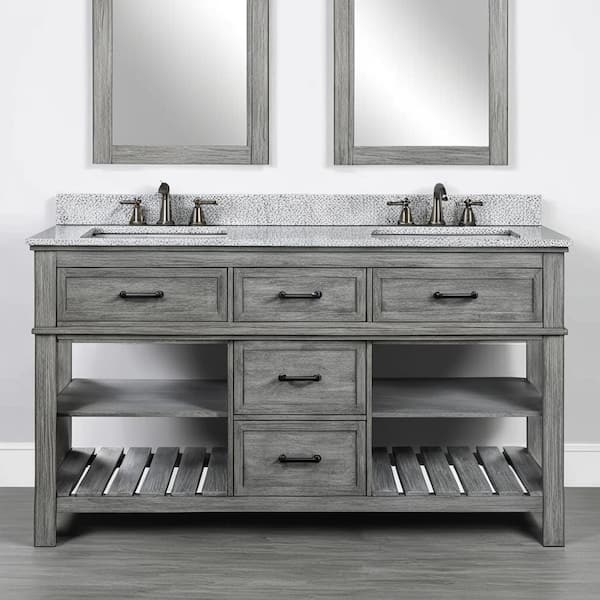 Home Decorators Collection Brynwoods 61 in W x 22 in D x 34.78 in H Double Sink Freestanding Bath Vanity in Weathered Grey with Napoli Granite Top