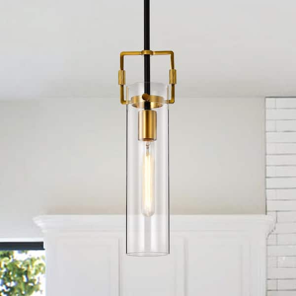 Edvivi Essence 1-Light Black and Antique Gold Modern Mini Pendant with Clear Cylindrical Glass Shade