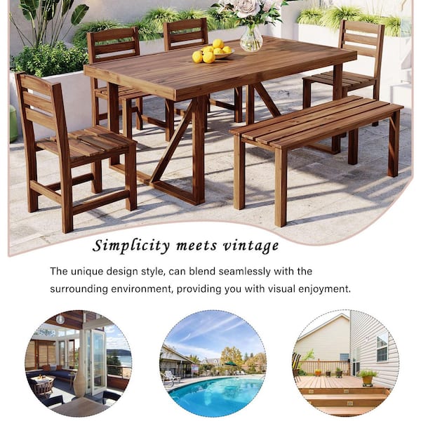 6-Piece Patio Wood Outdoor Dining Set w/Bench+4 Single Chair, All