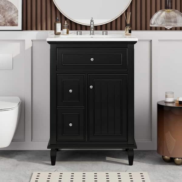 24 in. Freestanding Black Bath Vanity with White Ceramic Top, 1-Flip Drawer, 2-Drawers and Adjustable Shelf