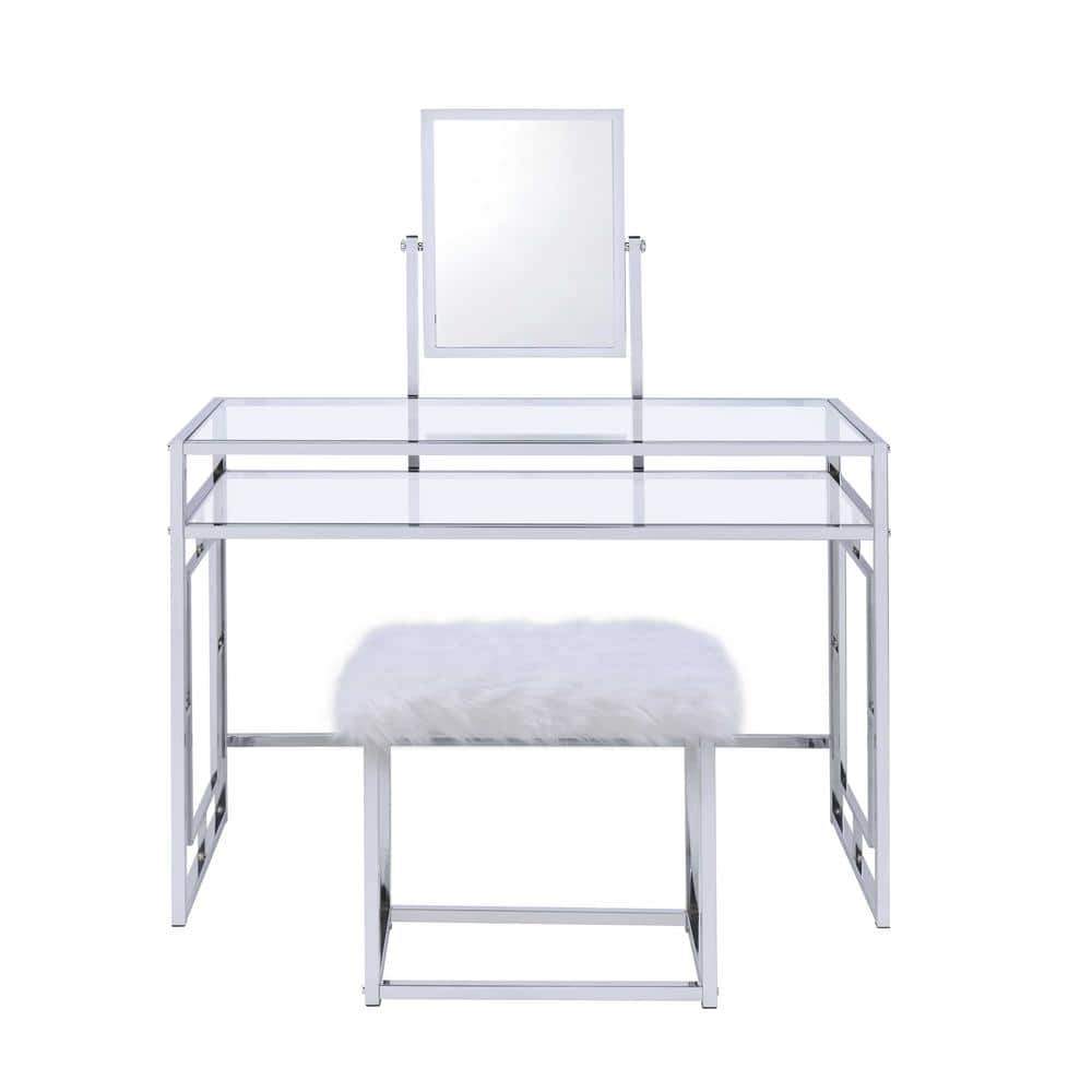 Carenze Chrome & White Faux Fur Vanity Set with Tilt Mirror