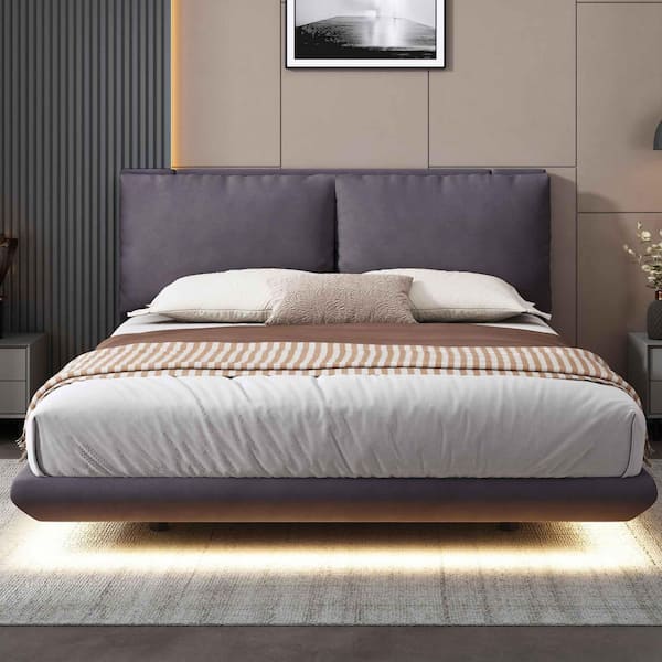 Gray Wood Frame Queen Size Platform Bed with Sensor Light and 2 Large Backrests, 2 sets of USB Port and Socket