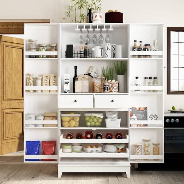 FUFU&GAGA White Painted Wood 31.5 in. W Food Pantry Cabinet With Double ...
