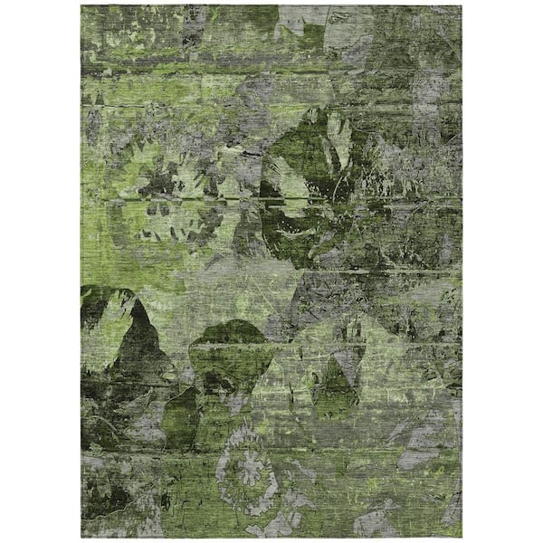 Green, Gray 5 ft. x 8 ft. Woven Abstract Polyester Rectangle Indoor / Outdoor Area Rug