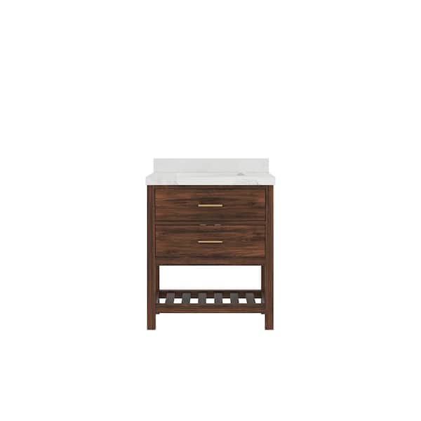 Willow Collections Parket Teak 30 in. W x 22 in. D x 36 in. H Single Sink Bath Vanity Center in Dark Walnut with Calacatta Nuvo Quartz Top
