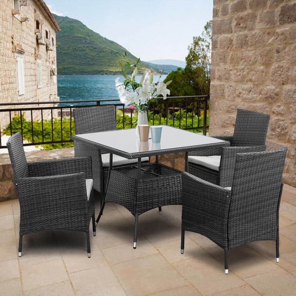 5-Piece Waterproof Wicker Outdoor Dining Set with Light Gray Cushion, Table