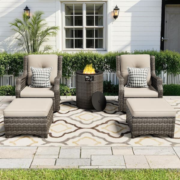 5-Piece Fire Pit Patio Set Wicker Outdoor Patio Conversation Set with Swivel Rocking Chairs, Ottomans and Beige Cushions