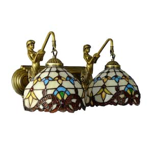 15.35 in. 2-Light Yellow Vintage Tiffany Style Wall Sconce Wall Light with Stained Glass Bowl Shade and Mermaid Decor