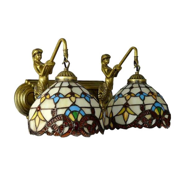 OUKANING 15.35 in. 2-Light Yellow Vintage Tiffany Style Wall Sconce Wall Light with Stained Glass Bowl Shade and Mermaid Decor