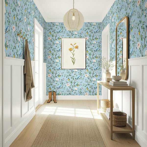 30.75 sq. ft. Blue Blossom Chinoiserie Floral Premium Matte Non-Woven Paper Peel and Stick Wallpaper Roll