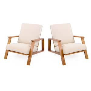 Teak Acacia Wood Outdoor Patio Lounge Chair 2-PC with Beige Weather-Resistant Cushion for Backyard Deck Garden Poolsid