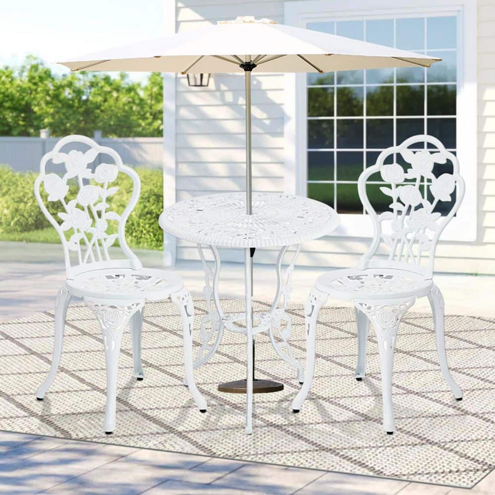 Karl home 3-Piece White Cast Aluminum Rose Pattern Outdoor Bistro