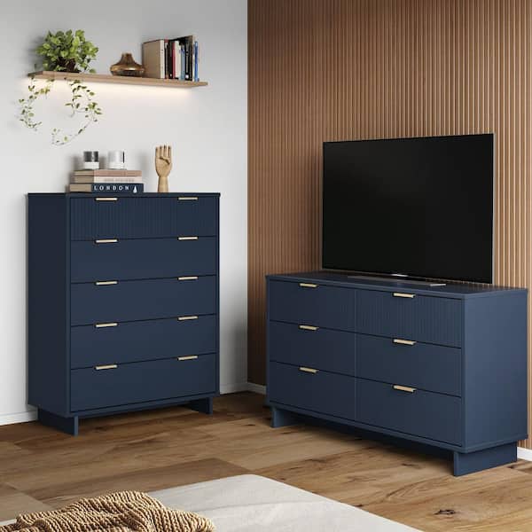 Manhattan Comfort Granville Midnight Blue 5-Drawer 37.8 in. W Tall Chest and 6-Drawer 55.04 in. W Double Dresser (Set of 2)