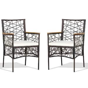 2-Pieces PE Wicker Patio Bistro Dining Chairs with Acacia Wood Armrests and Off White Cushions