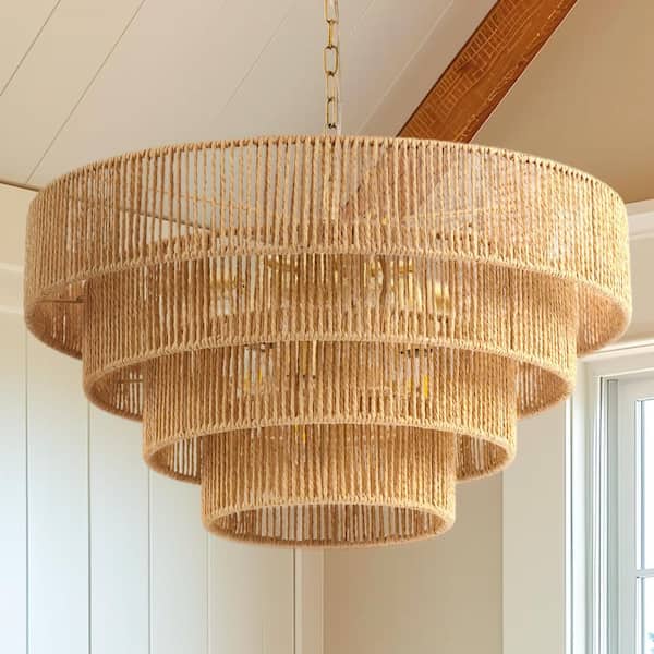 20in. 6-Light Hand Woven Rattan Pendant Light for Living Room Boho Brown Large Farmhouse Chandelier 4-Tier Rattan Shade