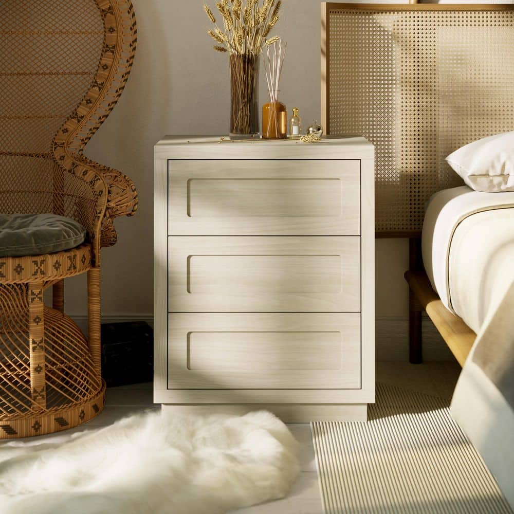 Beige Wood Grain 3-Drawer 23.6 in. W Nightstand, End Table for Bedroom or Livingroom