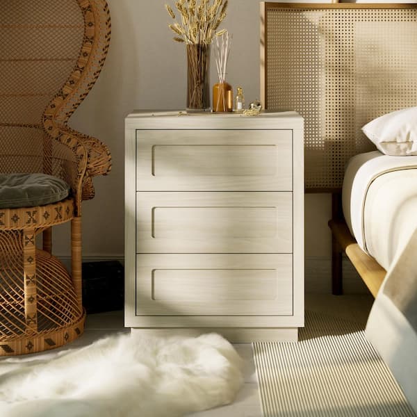 Beige Wood Grain 3-Drawer 23.6 in. W Nightstand, End Table for Bedroom or Livingroom