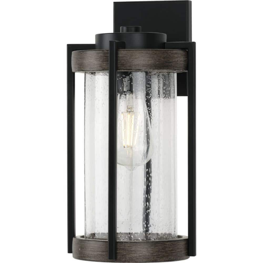 Matte Black Steel Outdoor Wall Lantern with Seeded Glass
