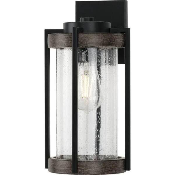 Progress Lighting Whitmire 1-Light Matte Black with Aged Oak Accents Clear  Seeded Glass Farmhouse Outdoor Wall Lantern Sconce P560282-31M The Home  Depot