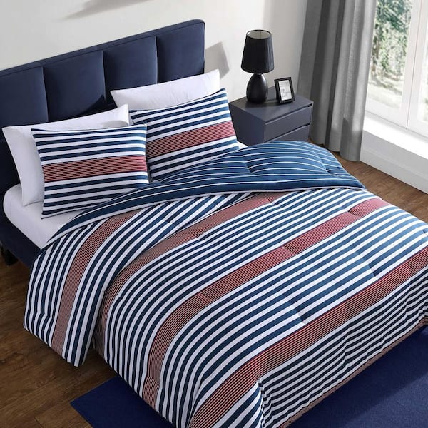 Custom Nautical Duvet Bedding Set-Navy 2024 Blue-White Stripes-Brick Red Anchor-CUSTOMIZE COLORS-Twin XL/Full/Queen/King-Girls Room-Preppy Decor