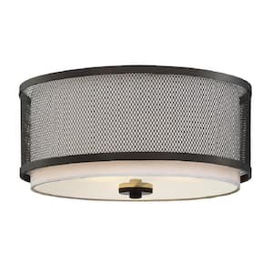 14.75 in. W x 6.25 in H 3-Light Oil Rubbed Bronze Flush Mount Ceiling Light with White Fabric Shade and Metal Mesh Frame