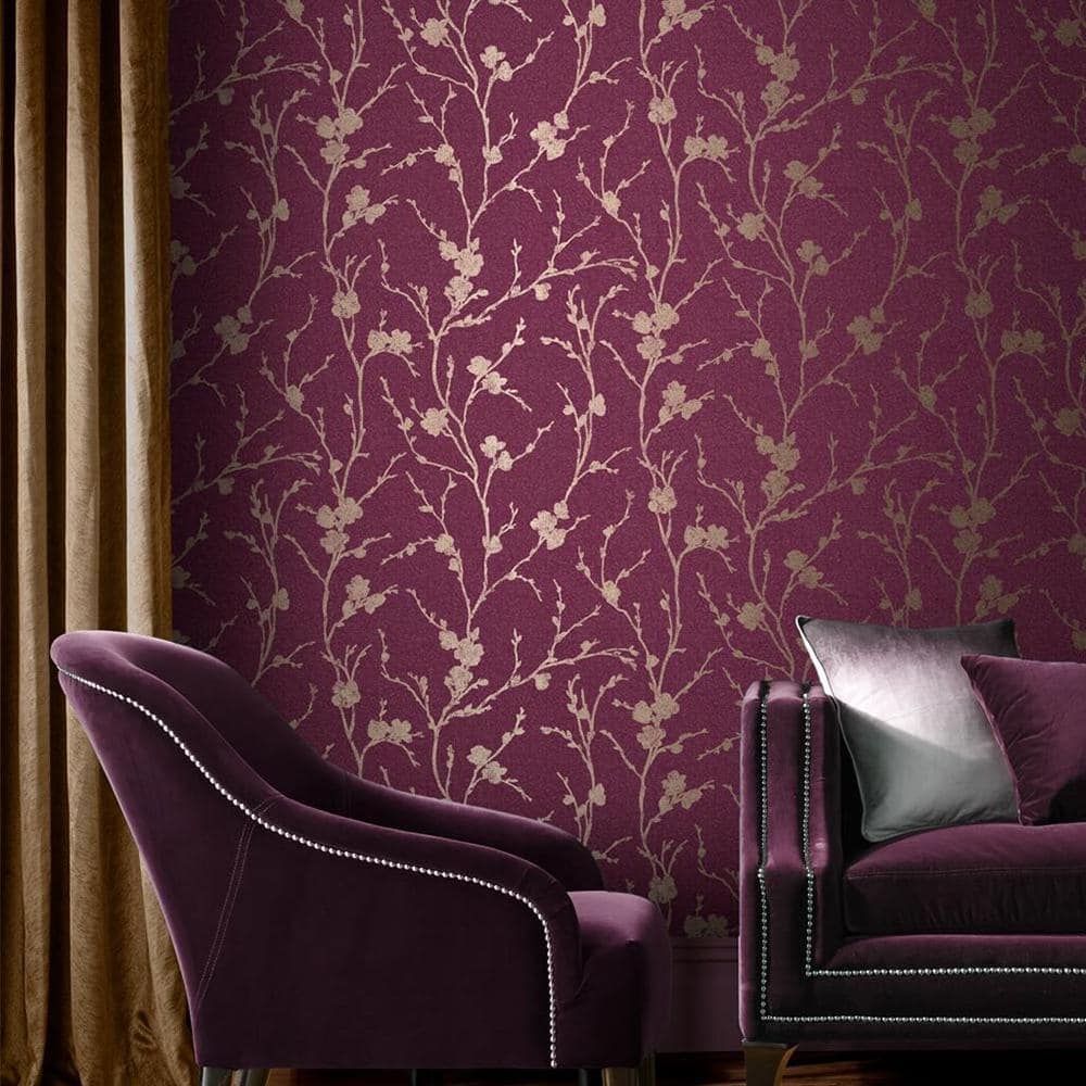 Meiying Mauve and Gold Floral Metallic Wallpaper