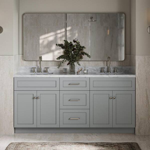 ARIEL Hamlet 73 in. W x 22 in. D x 36 in. H Bath Vanity in Grey with Carrara White Marble Vanity Top