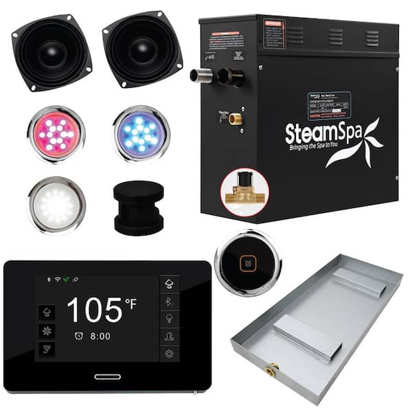 SteamSpa Black Series 9kW Steam Bath Generator with Wireless Control Bluetooth/Wifi Operation and Auto Drain in Matte Black