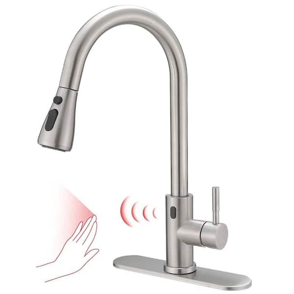 HOMEMYSTIQUE Touch Activated Single Handle Brushed Nickel 17.3 in. H 3-Func Pull-Down Sprayer Faucet W/ 180 Swivel