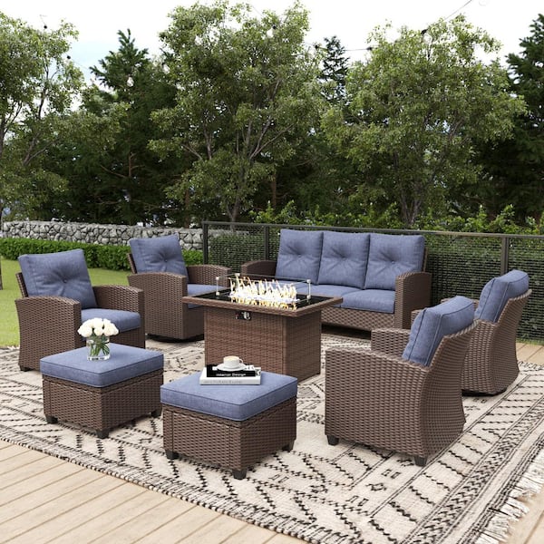 8-Piece Wicker Outdoor Swivel Outdoor Rocking Chair Set Patio Conversation Fire Pit Set with Navy Blue Cushions