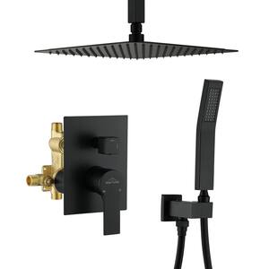 1-Spray Patterns with 2.38 GPM 12 in. Ceiling Mount Dual Shower Heads with Rough-In Valve Body and Trim in Matte Black