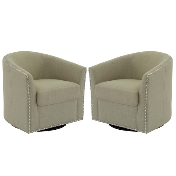 Uixe Light Camel Linen Metal Base Upholstered 360° Swivel Accent Barrel Chair With Nailhead Trim(Set of 2)
