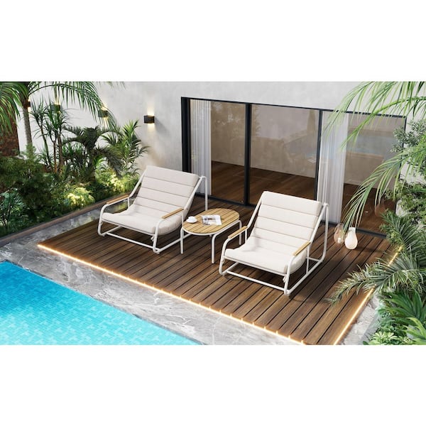 White 3-Piece Metal Outdoor Bistro Set Chaise Lounge Chairs with Beige Cushions and Acacia Side Table