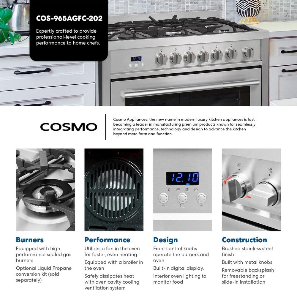 36'' Stainless Steel Gas Range with 5 Burners and Convection Oven