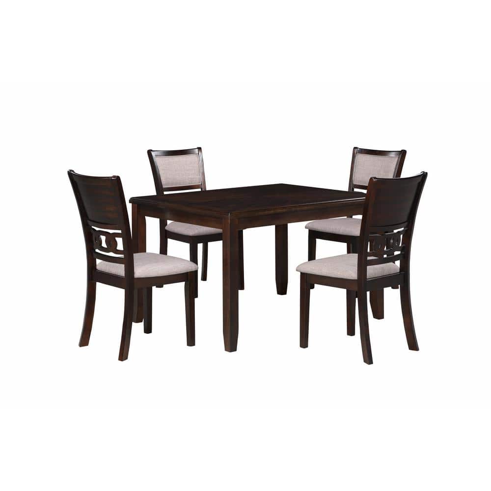 Gia 48" Cherry Brown 5-Piece Rectangular Wood Dining Set with Beige Cushions
