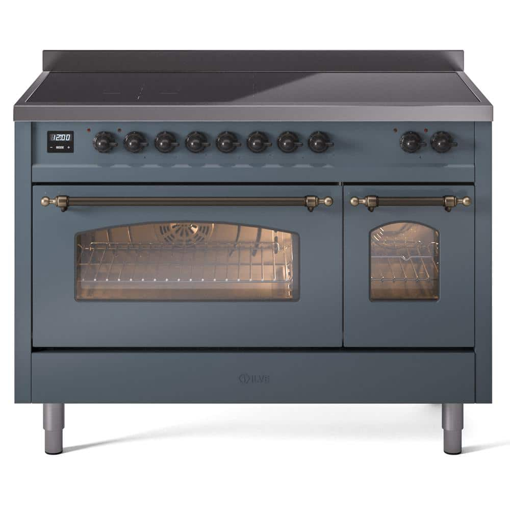 Nostalgie 48 in. 6 Zone Freestanding Double Oven Induction Range in Blue Grey with Bronze Trim -  ILVE, UPI486NMPBGB