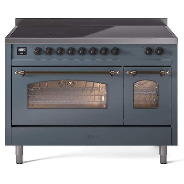ILVE Nostalgie 48 in. 6 Zone Freestanding Double Oven Induction Range in Blue Grey with Bronze Trim