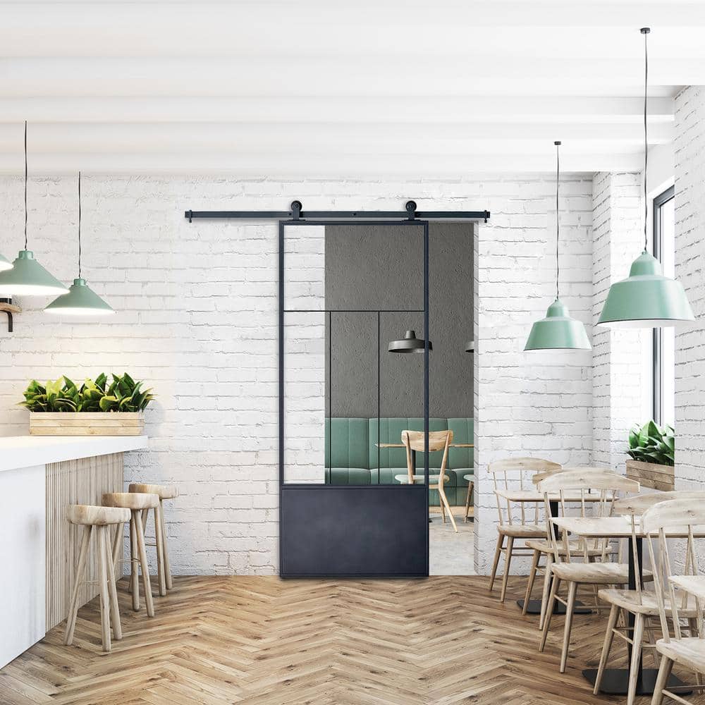 Division 37'' x 84'' Clear Glass Black Metal Sliding Barn Door