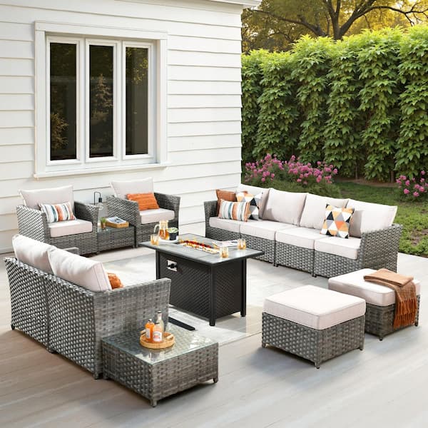 Toject Eufaula Gray 13-Piece Wicker Modern Outdoor Patio Fire Pit Conversation Sofa Seating Set with Beige Cushions
