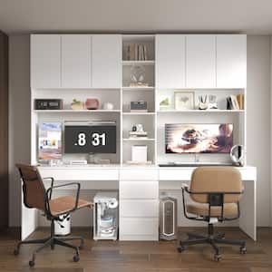 94.5 in. W Large 2-in-1 Wood Double Computer Desk White Writing Desk with 86.6" Tall Bookshelf, Drawers for Home Office