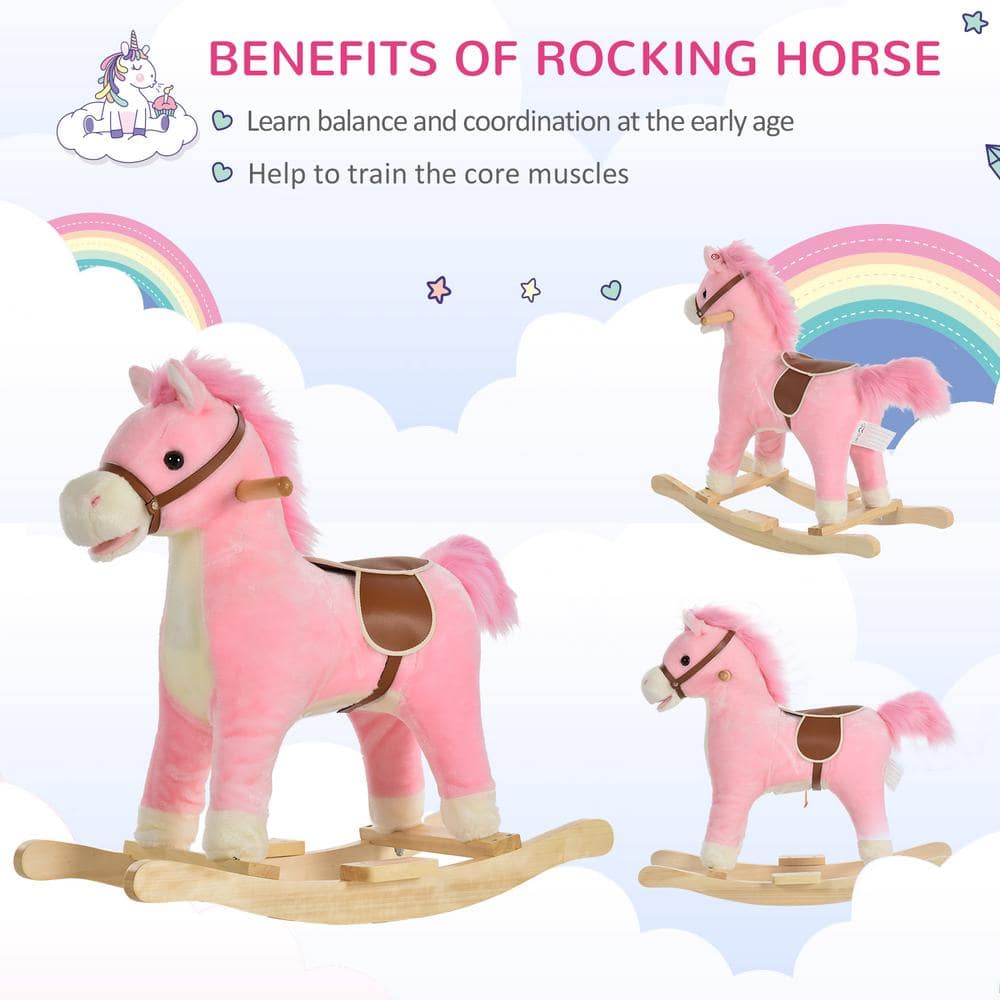 Pink Plush Rocking Horse with Wooden Base and Sounds