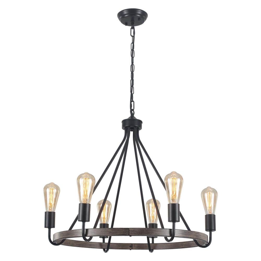 6-Light Matte Black/Wood Grain Flower Basket Design Wagon Wheel Chandelier for Bedroom with No Bulbs Included price history on PriceWatchPro