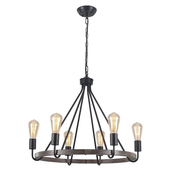 ZJVAIVE 6-Light Matte Black/Wood Grain Flower Basket Design Wagon Wheel Chandelier for Bedroom with No Bulbs Included
