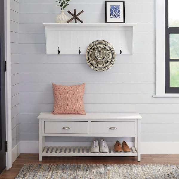 StyleWell 14 in. H x 42 in. W x 7 in. D White Shiplap Floating Decorative Wall Shelf with Hooks