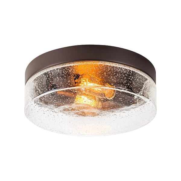 Murphy 2-Light 11.2 in. Oil Rubbed Bronze Semi- Flush Mount Light with Seeded Glass Drum Shade