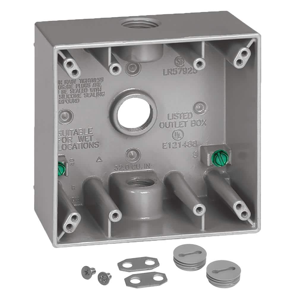 2-Gang Metal Weatherproof Electrical Outlet Box with (3) 1/2 inch Holes, Gr