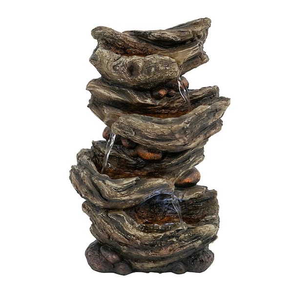Zeus & Ruta 13.80 in. Outdoor Wood Look Waterfall Fountain, 4-Tier Cascading Wood Freestanding Fountain with LED Lights