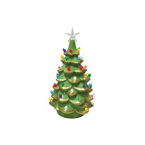 14 in. Lighted Green Ceramic Tree With Gold Tips