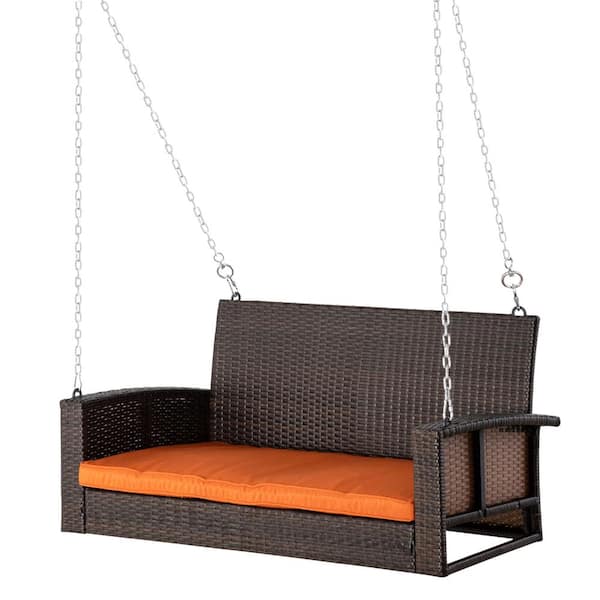 Unbranded Elegant 2-Person Wicker Porch Swing Bench-Outdoor Hanging Chair with Cushions, 550 lbs. Capacity