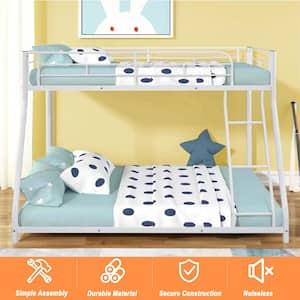 White Metal Bed Frame Twin over Full Bunk Bed with Full-Length Guard Rails & Ladders for Kids, Adults, Teenagers